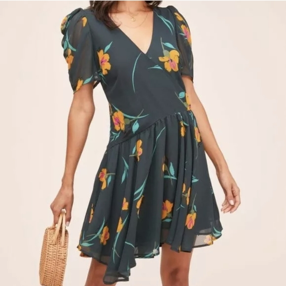Nordstroms ASTR Dress Small Asymmetrical Drop Waist Green Multi Floral - Picture 2 of 8